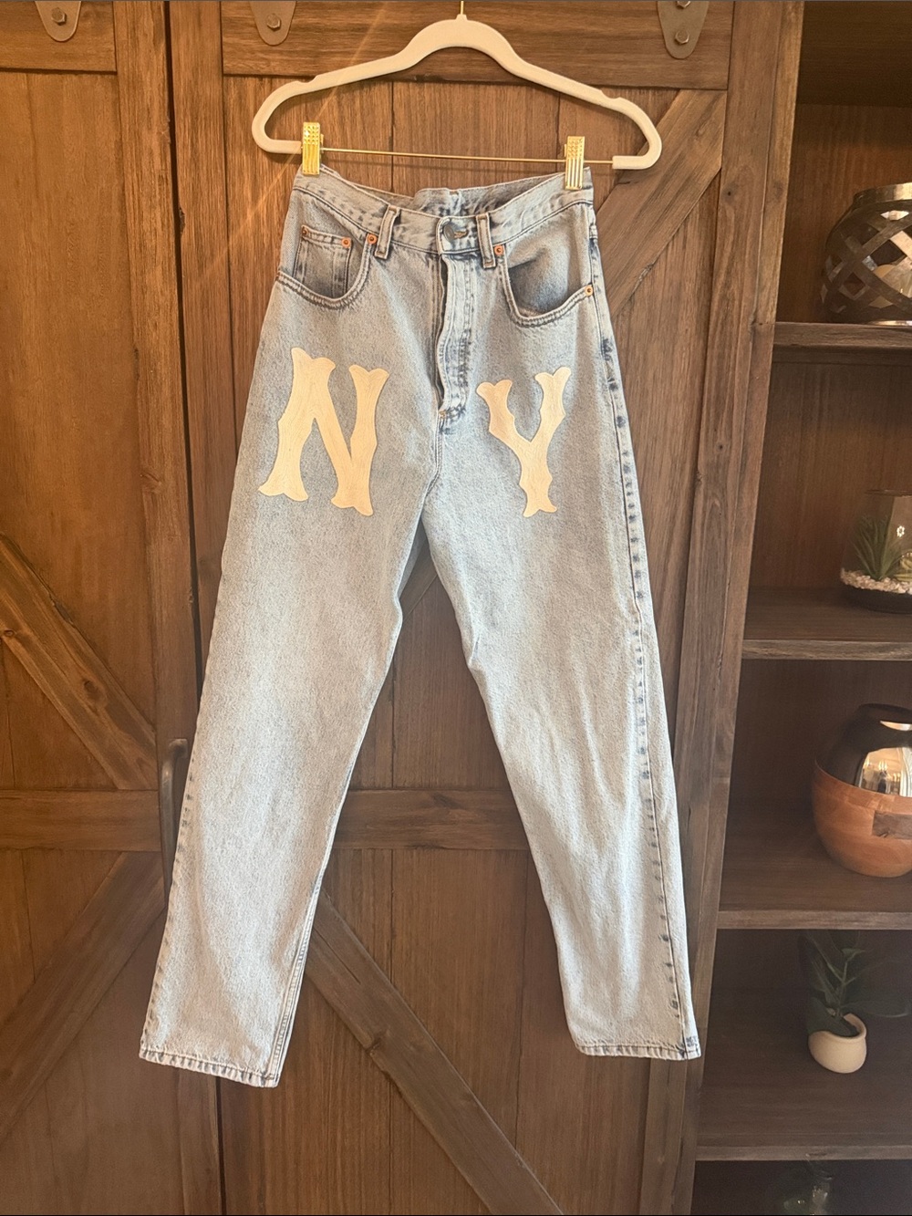 Gucci Light Wash Denim Jeans with Cream NY Appliqué